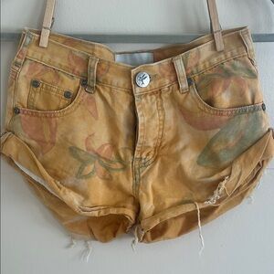 One Teaspoon Floral Print Yellow Jean Shorts